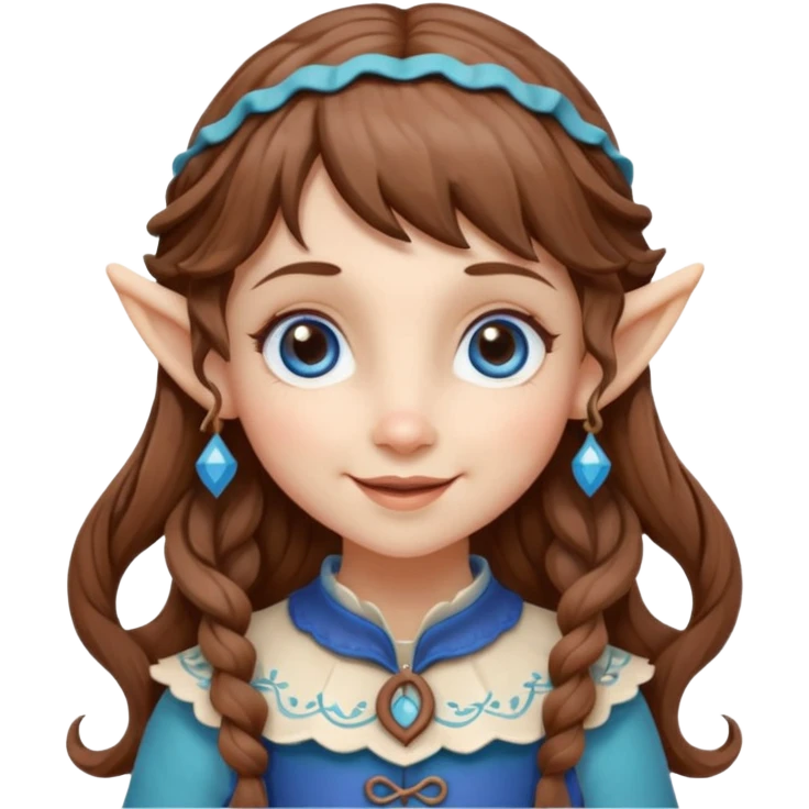 Kind happy whimsical quirky Girl toymaker, wood carving elf. Woodland creator. Blue eyes. brown hair (just below chin length) wavy hair & bangs. Whimsical playful cute emoji