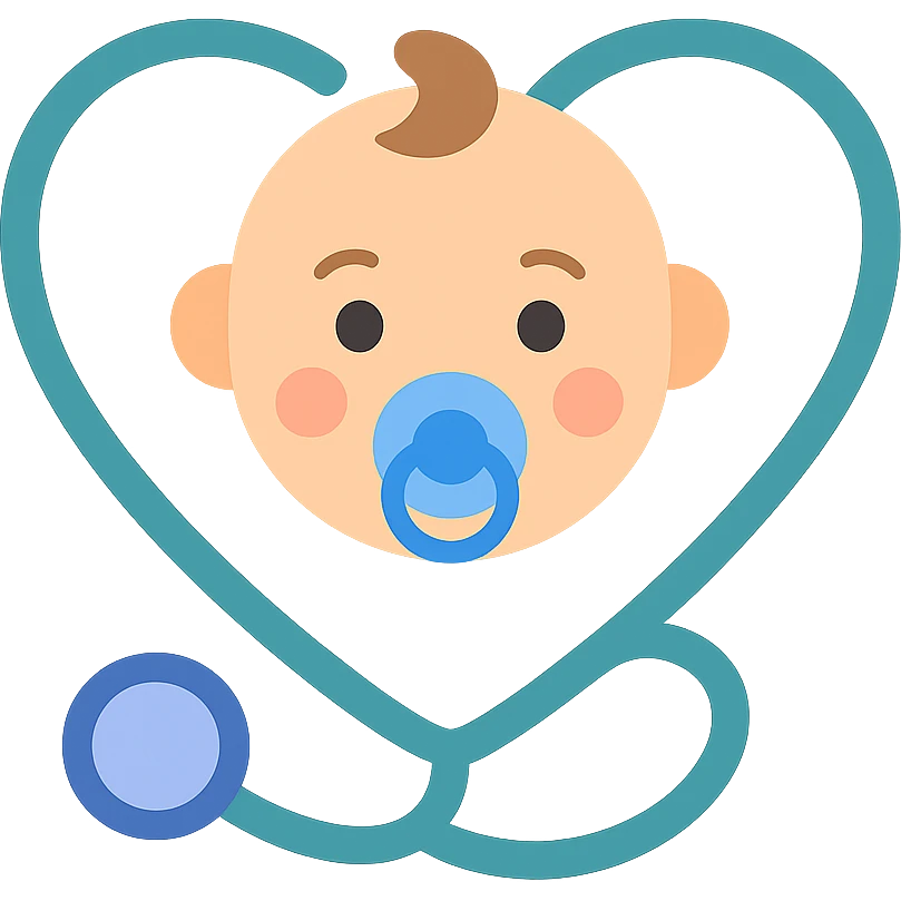 Vector illustration of a baby's face with a pacifier, featuring smooth, clean outlines, soft shadows, and subtle highlights. A stethoscope wraps around the baby, forming a heart shape. The design should be high-quality, professional, and suitable for printing. Include realistic light reflections and gentle gradients for depth. Transparent background. emoji