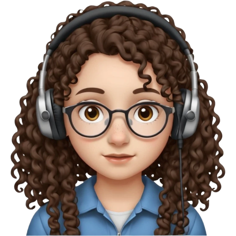 brunette kid with unique face features and very curly long hair kid girl neutral and very big nose and ears and dark eyes with freckles kind of nerd looking and headphone wearing no glassess just nose piercing very big one and evebrow piercing emoji
