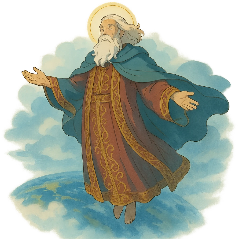 ghibli style godlike man with regal robes, floating above the world, ethereal atmosphere emoji
