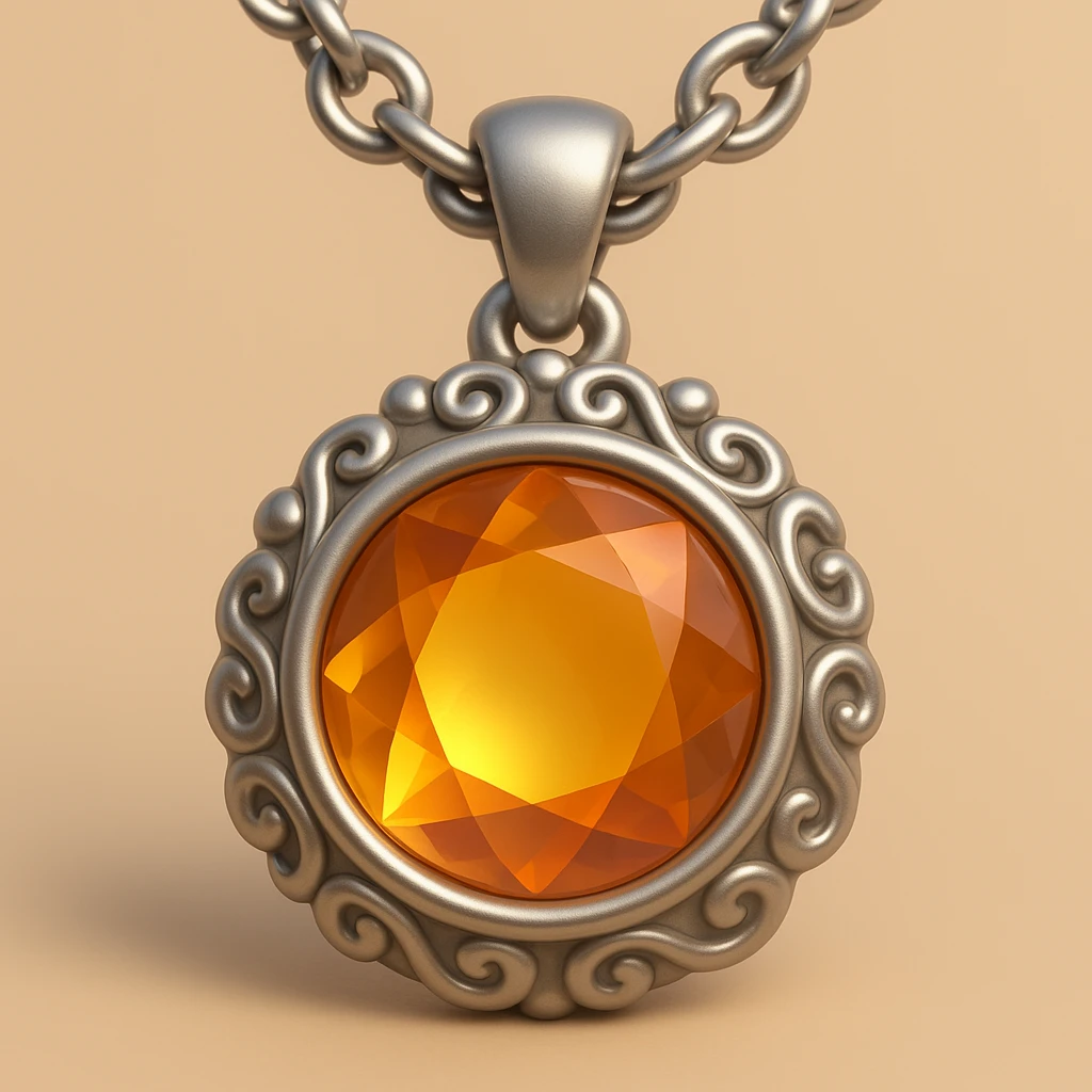 Make it 3d-emoji style: Add a silver chain or ornate setting to the round cut holographic amber charm, keeping the extreme close-up and original style emoji