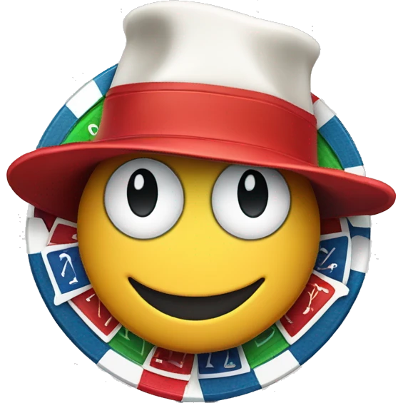 A poker chip wearing a hat made of playing cards emoji