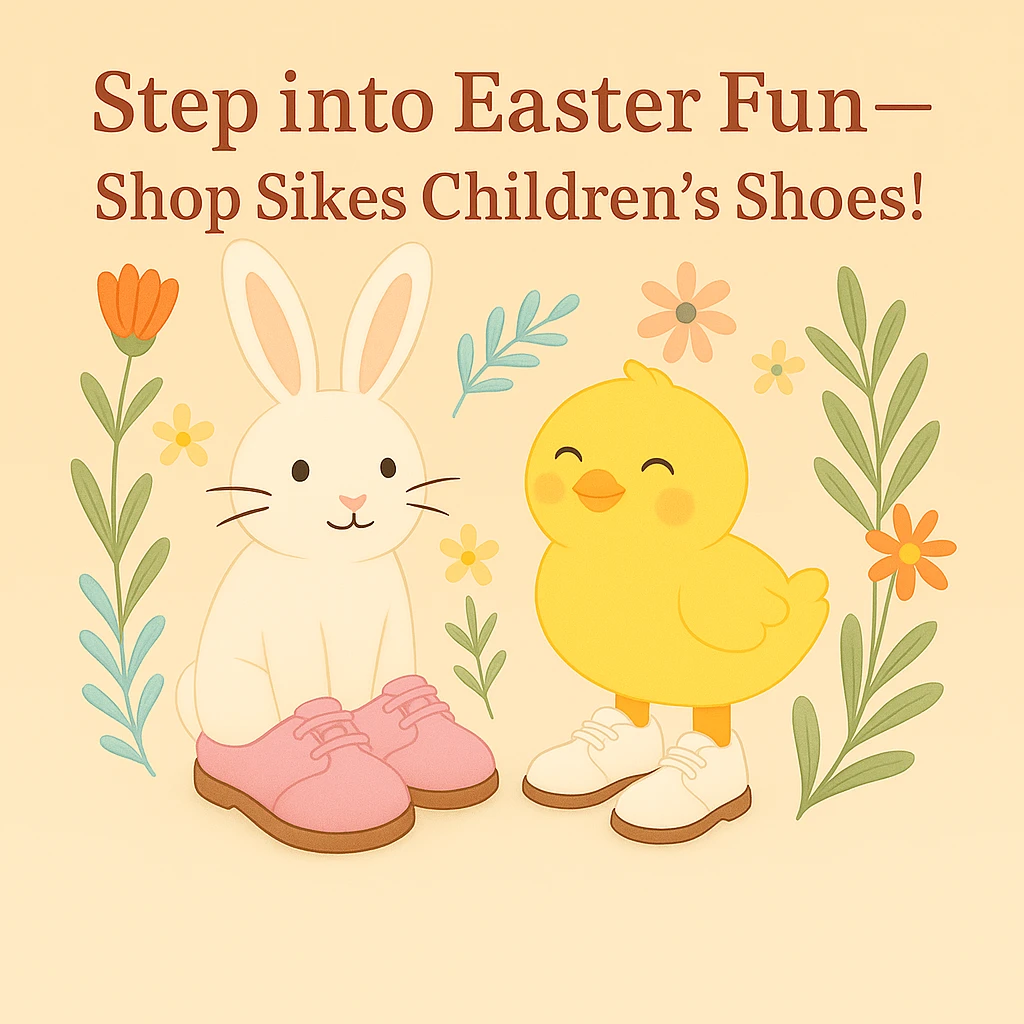 Edit the Easter-themed Instagram post so the rabbit is wearing pink shoes. The chick should keep the classic white lace-up children's shoes. Keep the pastel background, floral accents, and the headline: 'Step into Easter Fun—Shop Sikes Children’s Shoes!'. No logo present. emoji