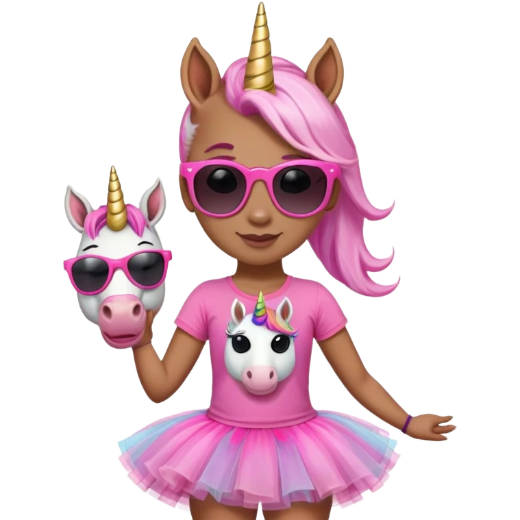 friendly anthropomorphised female unicorn with horse-like face, in tutu and pink t-shirt, wearing dark sunglasses, standard pose, close-crop head and shoulders emoji