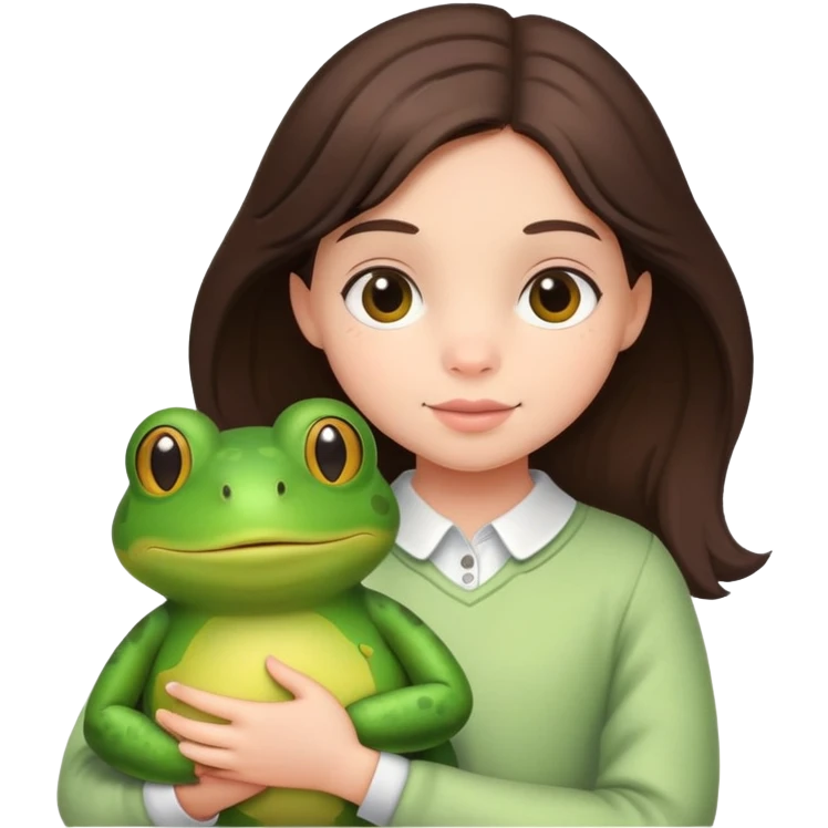 A cute little brunette girl holding her big frog stuffy  emoji