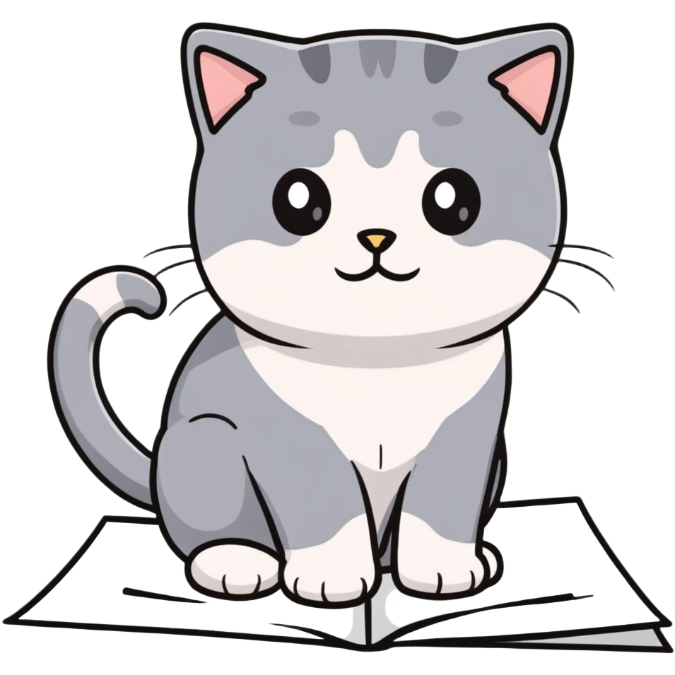 a gray Scottish fold cat sitting on a piece of paper emoji