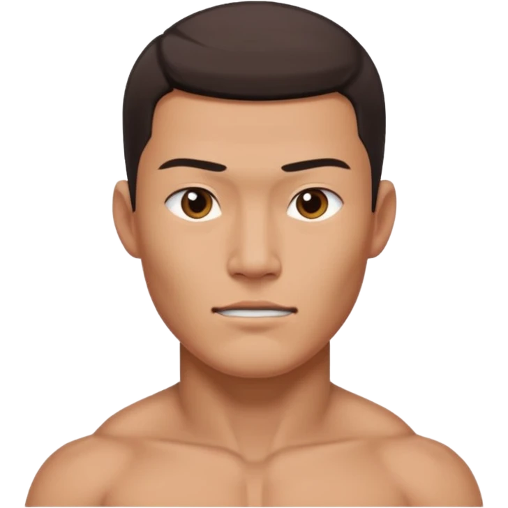 A standing buff shirtless asian guy with a really square jawline. Make his jawline extremely square and exaggerated. Also give him a middle part haircut. Give him a block square head emoji