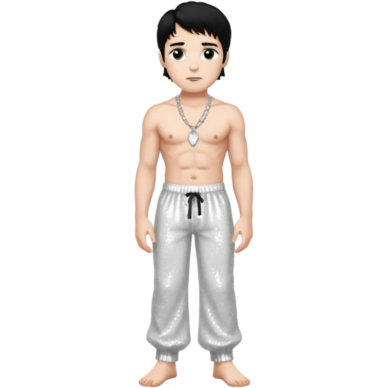 Victor Frankenstein with black hair, white sequin baggy pants, shirtless with necklace emoji