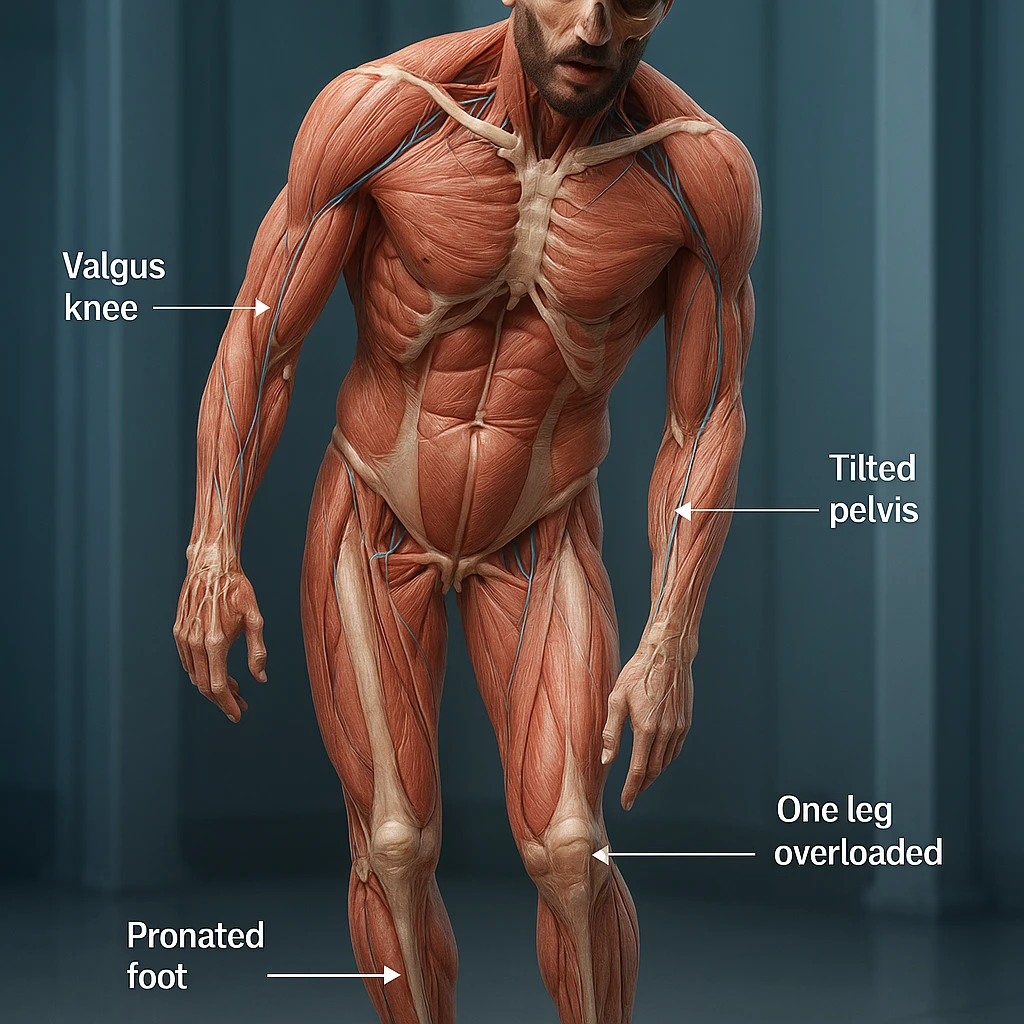 Create a hyperrealistic 4K anatomical view of a man in a similar pose to the reference image. Highlight knee valgus, tilted pelvis, one leg overloaded, and pronated foot. Show bones, joints, and muscles in transparency with realistic anatomical details in a medical atmosphere. emoji