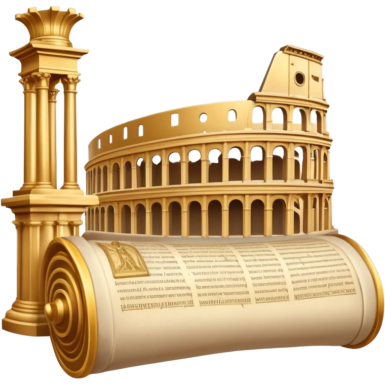 An icon featuring an ancient scroll, surrounded by famous historical landmarks and statues of notable figures, like the Colosseum or Napoleon. The design symbolizes the exploration of history through monuments and people. Transparent background highlights the pas emoji