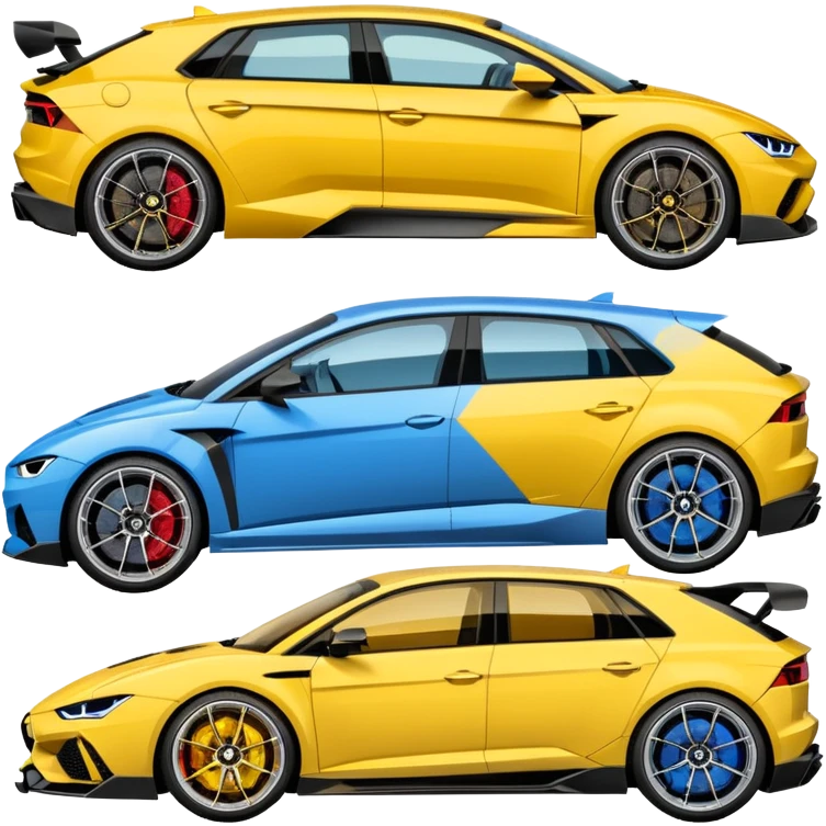 three cars lineup front profile forming a semi circle with a lamboghini svj an bmw m140i and a audi rs6 emoji