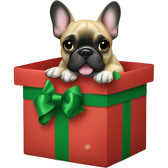 French bulldog popping out of a wrapped Christmas gift box, wearing a green bow around its neck emoji