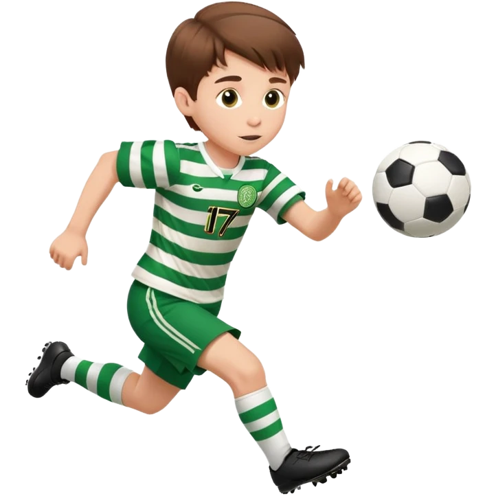 Celtic footballer jersey logo  6 years old brown hair white boy , stripes uniform , RUNNING  with soccer ball # 17 celtic football logo PUT ONLY ONE LOGO emoji