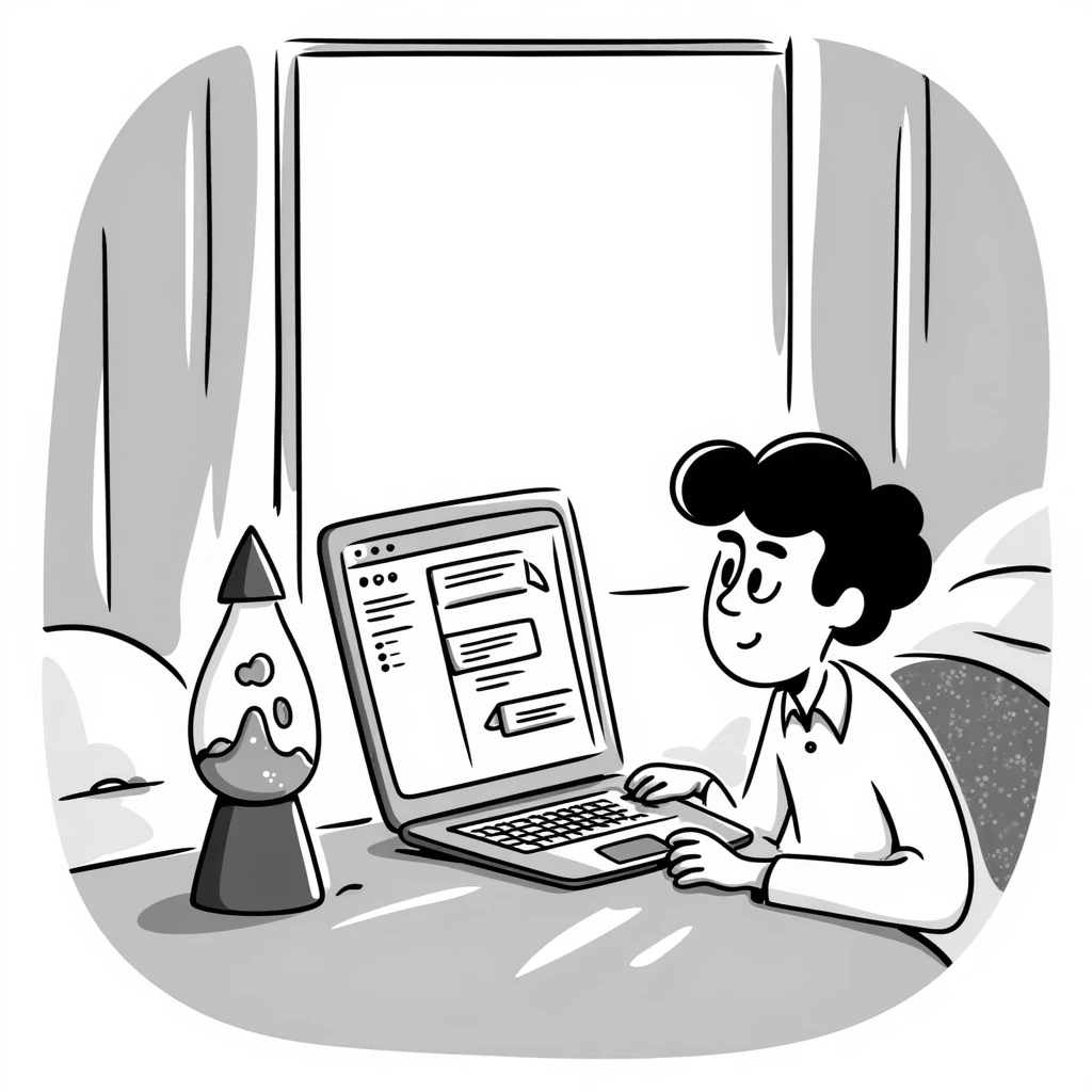 A bedroom lit by a lava lamp and an open laptop running early 2000s MSN Messenger

 emoji