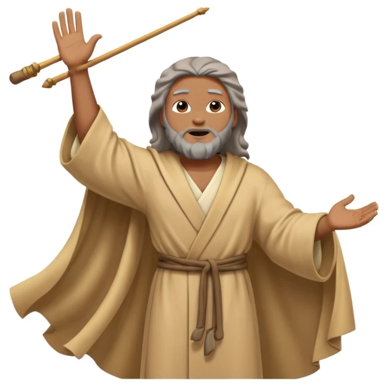 Moses with a long rod, arms raised, wind blowing his robe, rocky terrain, spiritual atmosphere, emoji style emoji