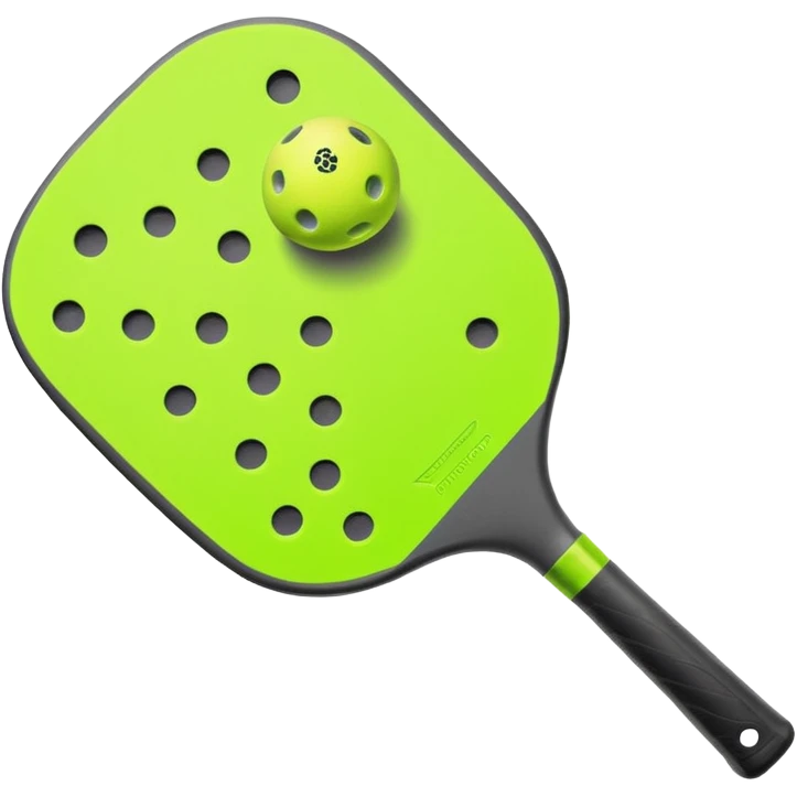 Modern Pickleball paddle graphite without holes, dark grey. 1 Pickleball ball beside or on top the paddle florescent green at 45 degrees emoji