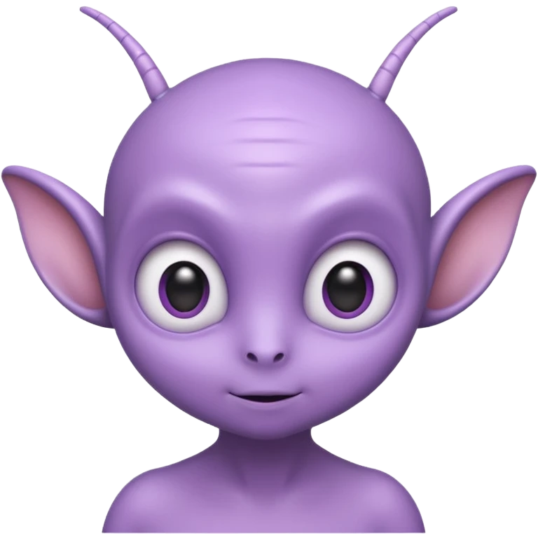 Portrait of a cute alien with round head, big shiny eyes, pastel purple skin, small antennae, friendly expression, cartoon style emoji