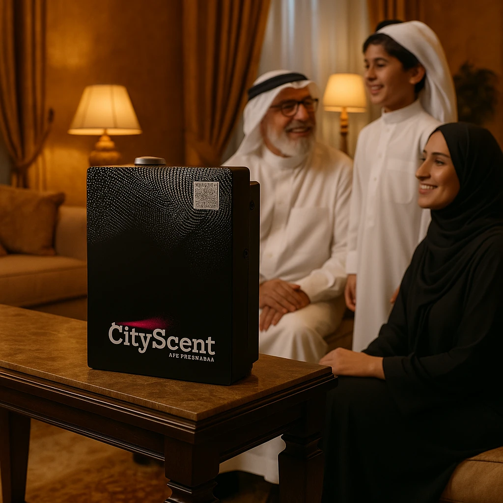 Depict the CityScent air freshener machine on a table in a luxury house, with a family in Arabic attire sitting or standing nearby, enjoying the relaxing scent. The scene is realistic, elegant, and warm. emoji