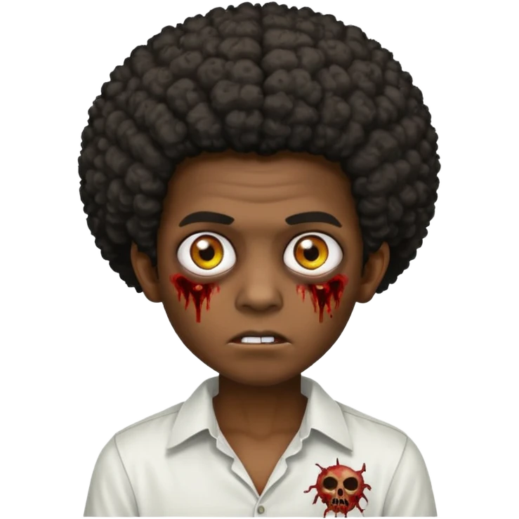 A dark-skinned boy with an afro, zombie eyes, and ears, wearing a white shirt. emoji