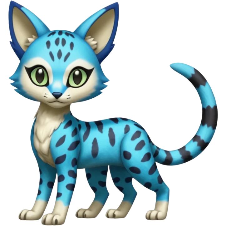 Colorful Meloetta-Sergal-Bastet-Genet-Pokémon-Digimon-Fakémon-fusion-hybrid-creature with Cyan stripes and blue leopard-spot-markings  emoji