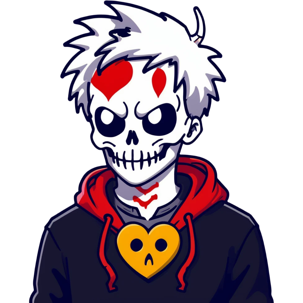 man with white and black messy hair, half face black, red horns with eyes, black hoodie fading to white, red wings, skeleton dragon behind neck, yellow heart lock necklace emoji