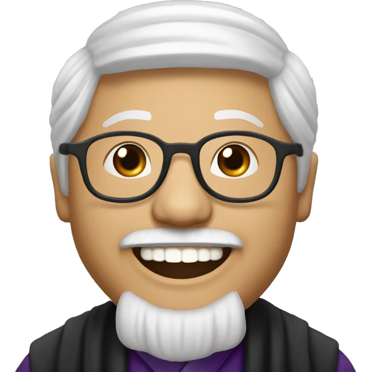 old catholic Hmong priest with black hair, smiling with teeth and glasses emoji