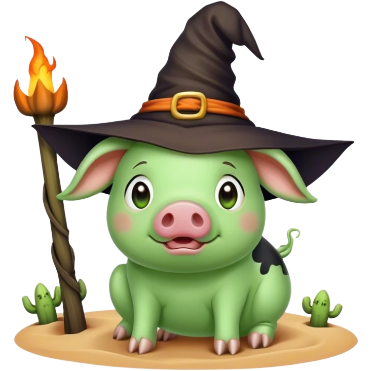 Green pig in the desert wearing a witches hat  emoji