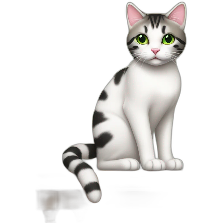 White and black tabby cat with green eyes and pink nose, sitting on light brownpiano emoji