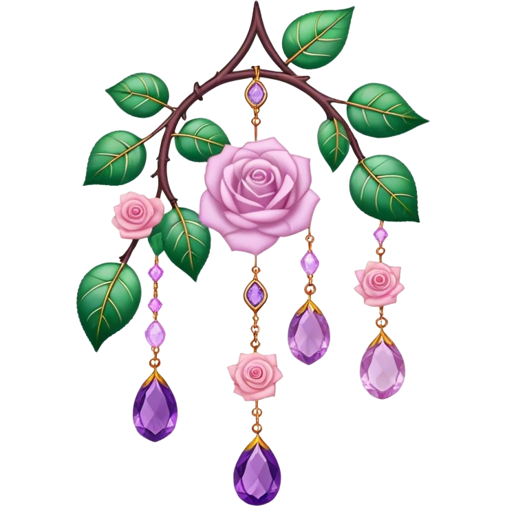 Hanging suncatcher, threads with shiny sparkly amethyst and rose-quartz gemstones, roses, beautiful leaves, gorgeous aesthetics emoji