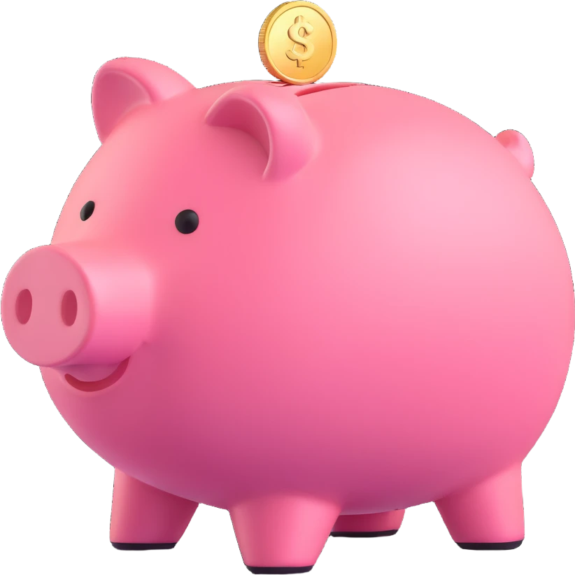 pink piggy bank with coin, 3d cartoon style, slightly shiny, side view, soft lighting emoji