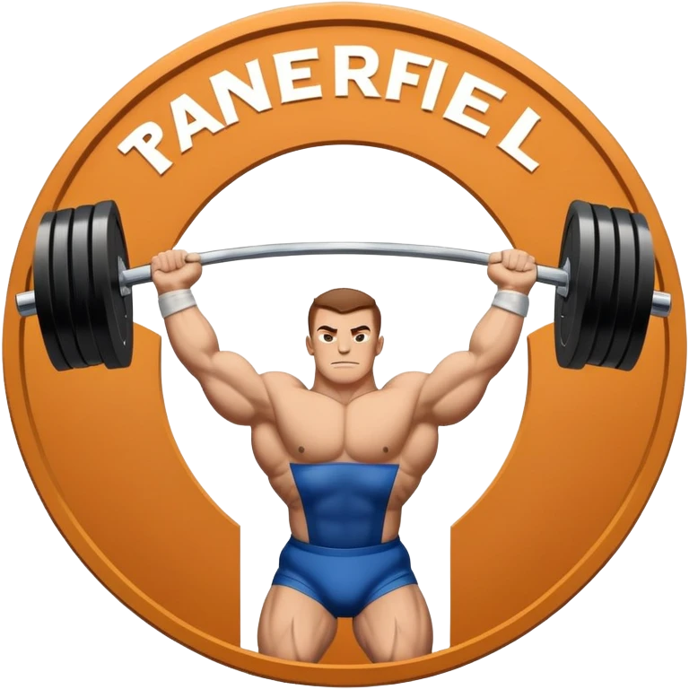 An emblem symbolizing powerlifting, featuring a bold barbell at the center, with strong, muscular arms lifting the barbell. The design is dynamic and powerful, using sharp lines and bold text. The background is minimal, ensuring the focus stays on the emblem. emoji