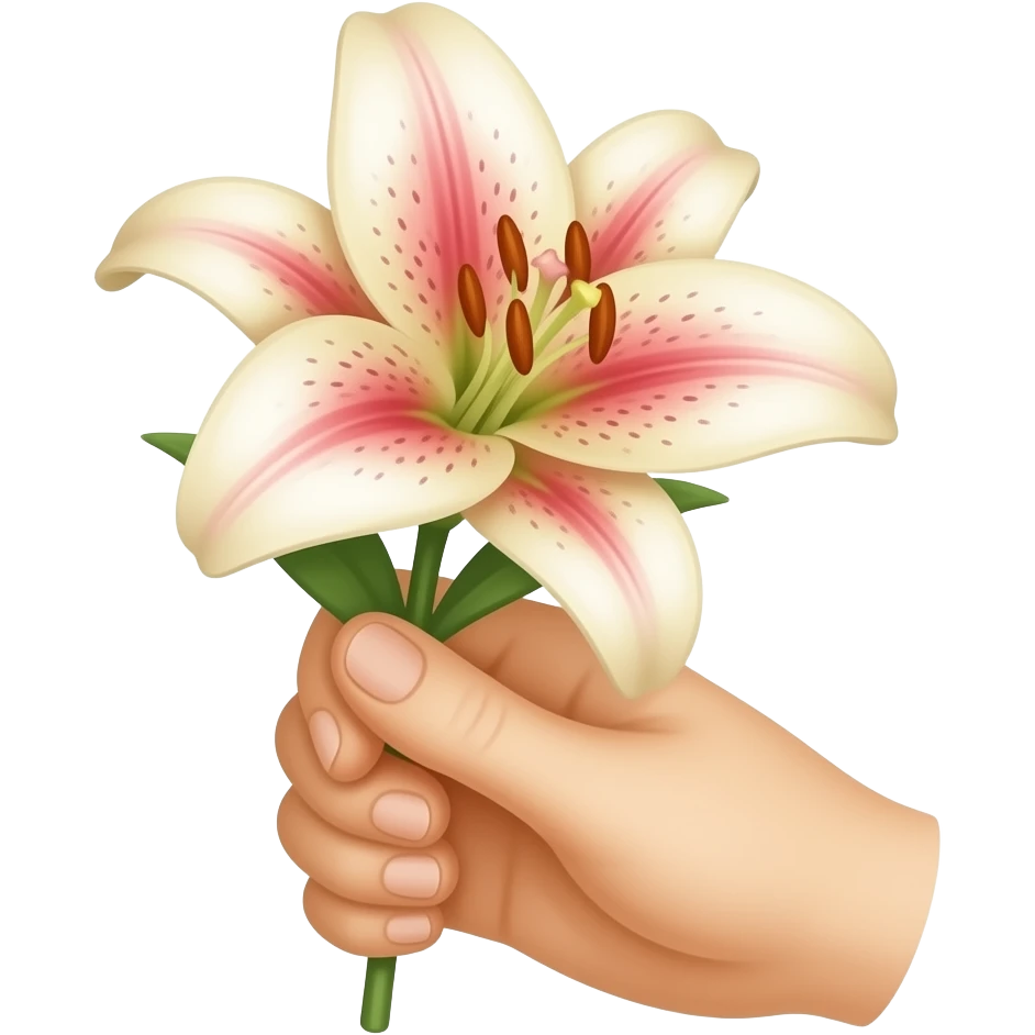 A hand holding a stargazer lilly flower towards the front view as if the flower is for the viewer emoji