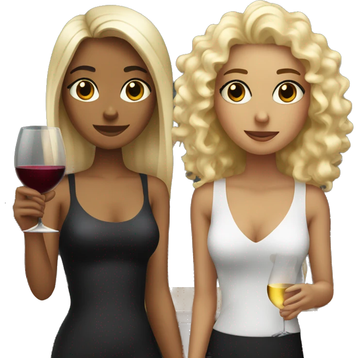 a girl with blonde curls and a girl with black straight hair both drinking wine emoji