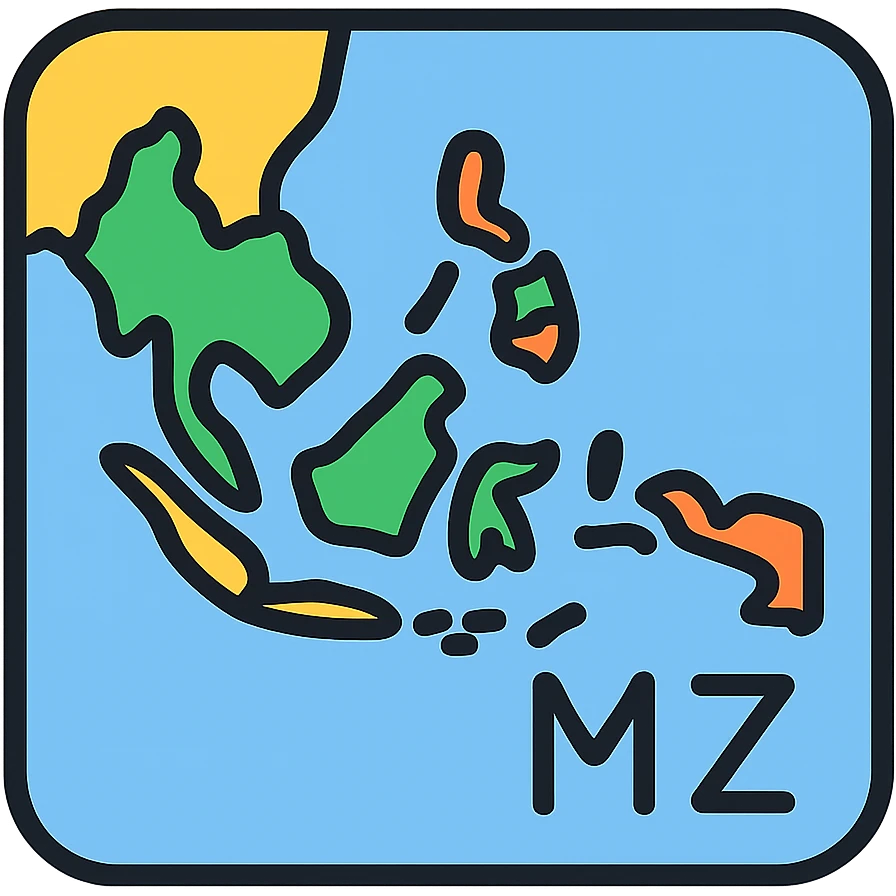 Southeast Asia map zone, simple, clear, colorful, labeled MZ, icon or logo style emoji