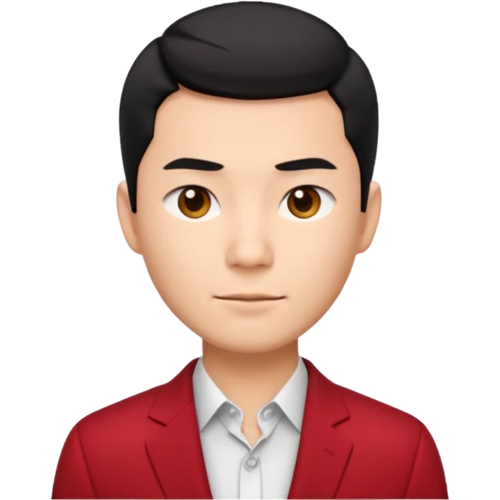 cool handsome Asian man emoji, short black hair styled with exposed forehead, natural slick hairstyle, sharp facial features, fair skin, confident eyes, subtle smirk, wearing dark red suit and white shirt with top buttons undone emoji