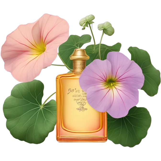 Aesthetic display of blush pink nasturtiums, an elegant violet perfume bottle, a vintage love letter, and a violet satin pouch.
 emoji