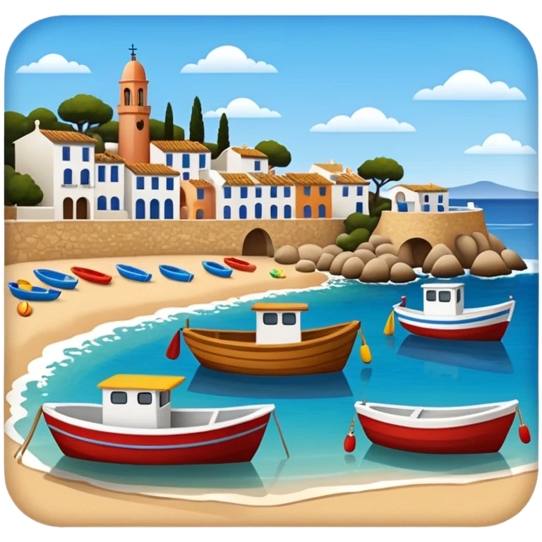 Calella de Palafrugell, beach and boats, apple emoji style, no border emoji