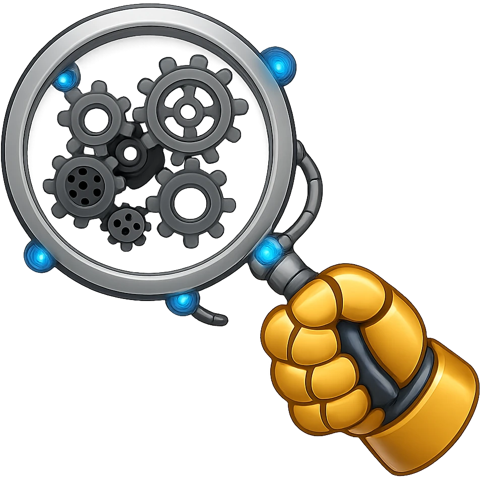 Add a robotic arm holding the magnifying glass, keep metallic textures and glowing blue accents, in emoji style with no background. The style should resemble apple style emojis with a clean and polished look, focusing on metallic and glowing blue details. emoji