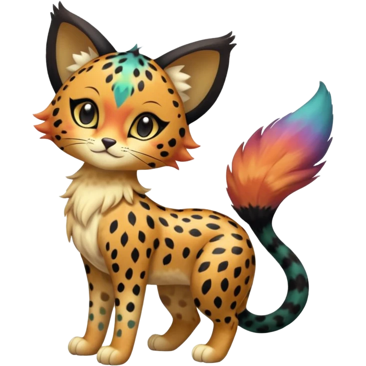 Colorful iridescent floofy fluffy furry exotic esoteric patterned Gradients-colored realistic elegant lanky feminine cute pretty  Liepard-Litten-Meloetta-Sprigatito-Pokémon-fusion-creature (full body) emoji