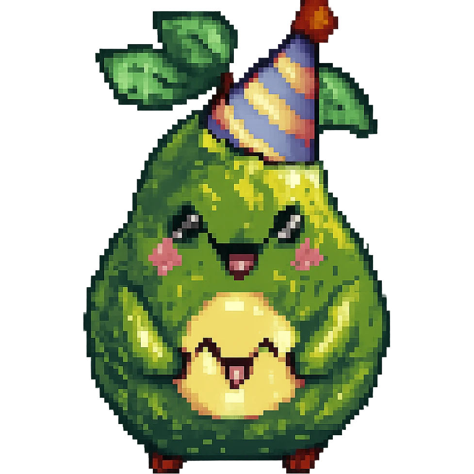 Add a colorful party hat to the happy pear with rosy cheeks in pixel art style. Keep the pixel art aesthetic and no background. emoji