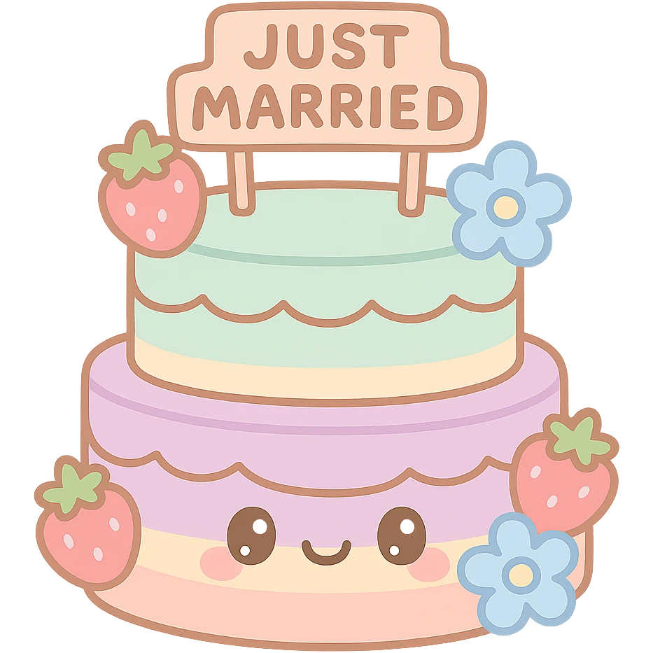 pastel rainbow wedding cake with strawberries, pastel blue flowers, 'Just Married' topper, kawaii style emoji