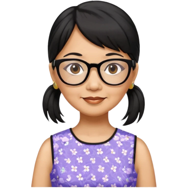 filipino woman black hair in one pony tail with straight bangs and big glasses, 60 yr old, nice dress

 emoji