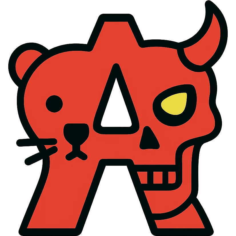 a minimalist design with the left half showing simplified stoat face outlines and right half showing simplified minotaur skull with broken horn and glowing eye, with a clear negative space in the shape of the letter A in the middle where the halves meet, everything visible is red, with ample empty space emoji