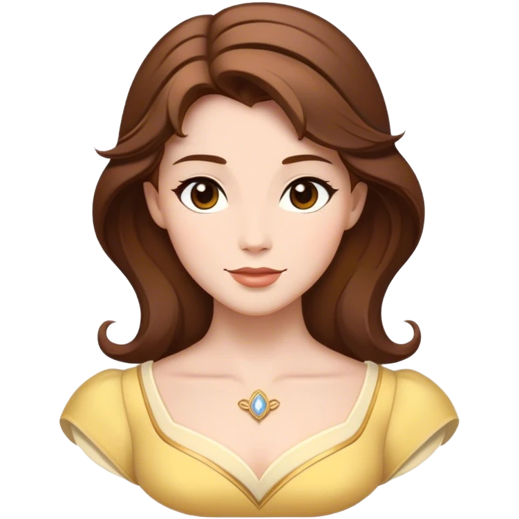 Cinematic Timeless Belle Portrait Emoji, rendered in a clean, vector style. Depict Belle with fair, luminous skin, beautifully arranged brown hair, and a serene, graceful expression, dressed in her classic attire. The design features bold, simplified shapes, a soft, enchanting glow, and a subtle glowing outline, capturing the essence of pure, timeless beauty. emoji