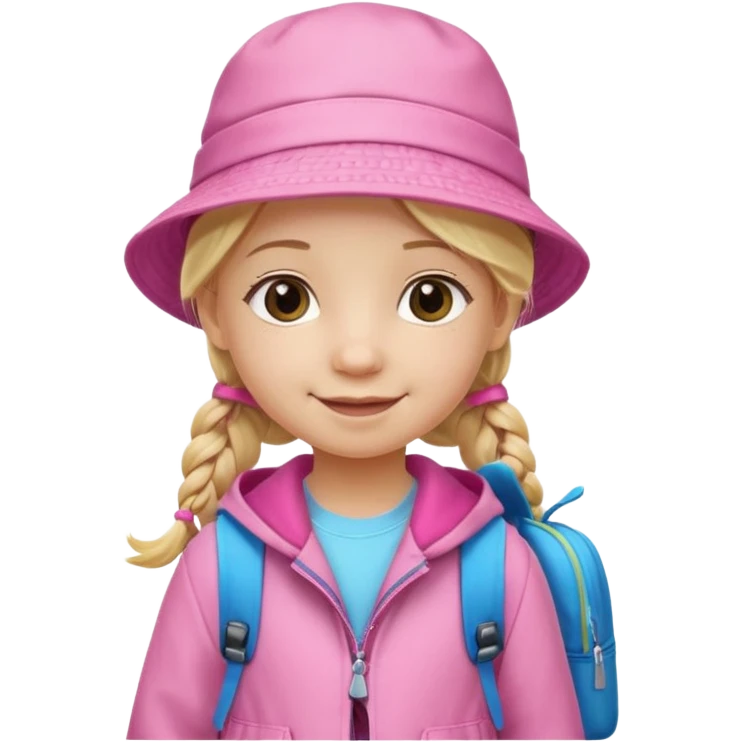 Little girl kid student, long braid blonde, wears pink bucket hat and jacket, backpack, happy emoji