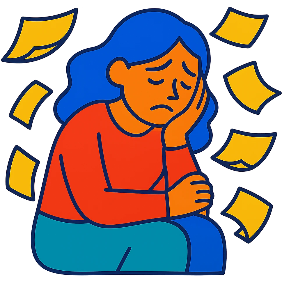 sad woman with flying papers around her, vibrant colors emoji