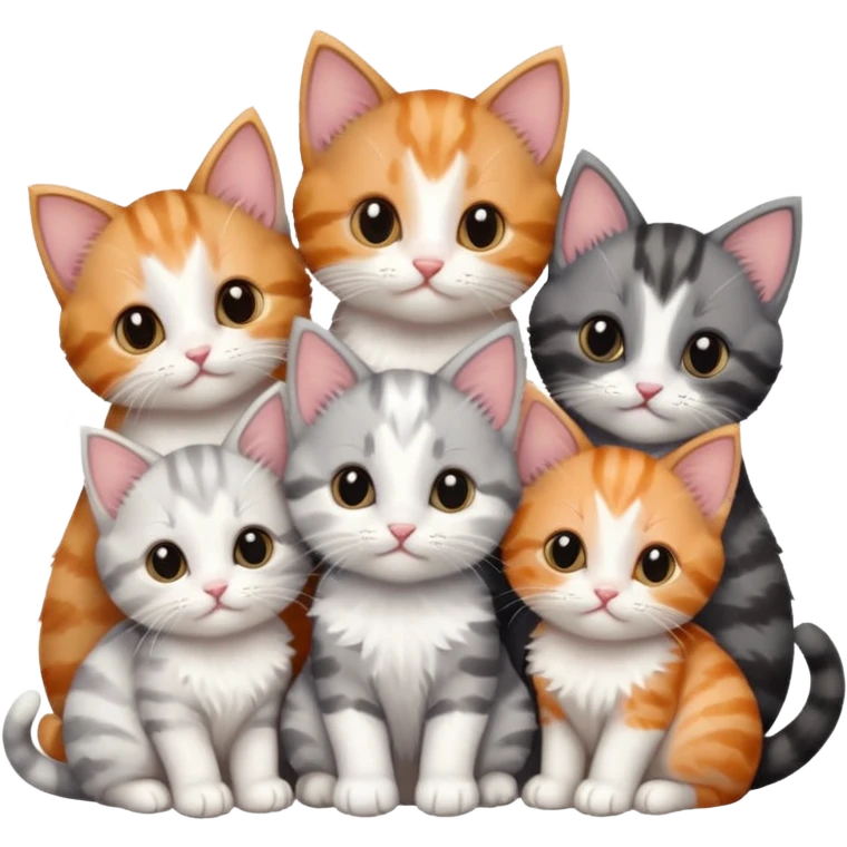 6 tiny kittens cuddling together all different colours, the first one is grey and white, the second is ginger and white and the third is brown tabby and white emoji