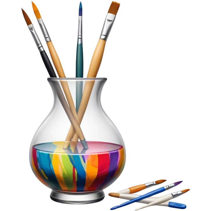 Glass painting icon, colorful brushstrokes on a glass vase, intricate painted patterns on the surface, visible fine paintbrush and palette beside it, no liquid inside the vase, minimalistic style, clean lines, transparent background. emoji