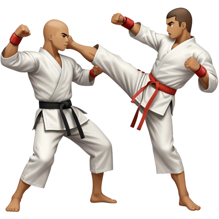An icon symbolizing traditional Karate, featuring two opponents in a fierce battle. One fighter is delivering a high kick, while the other blocks the attack with a strong defense. The background reflects the calm yet intense atmosphere of a dojo, with traditional elements. Transparent background  emoji