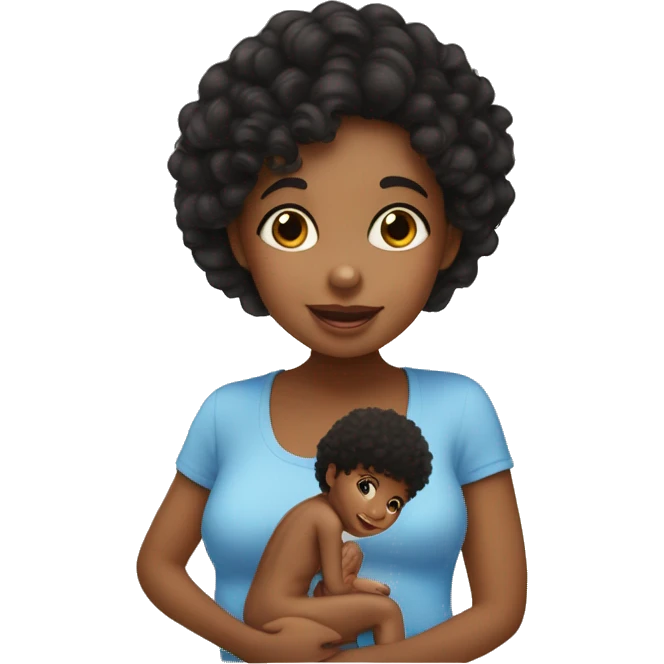 Make a toddler boy with tan skin and curly black hair kissing his mom who has aubirnt hair and blue eyes.  emoji